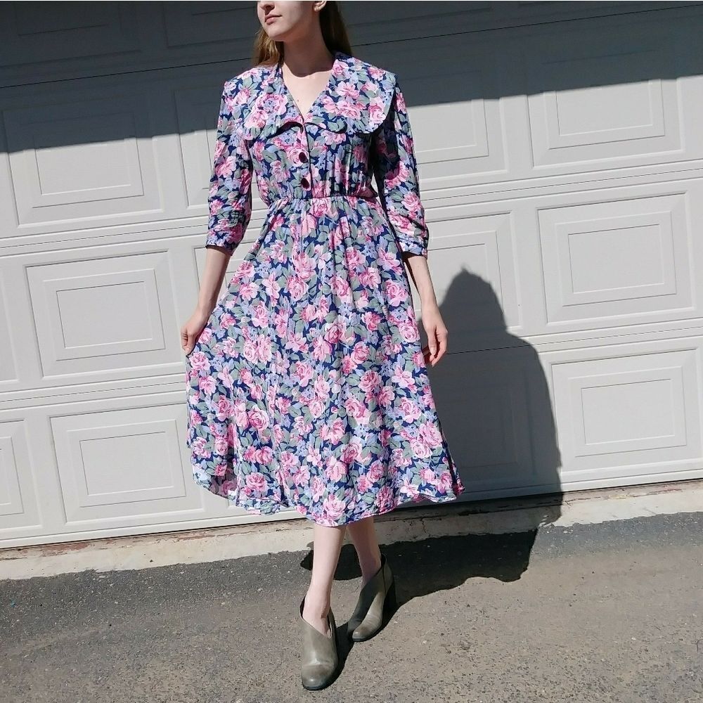 Vintage Pink & Blue Floral Half Sleeve Midi Dress